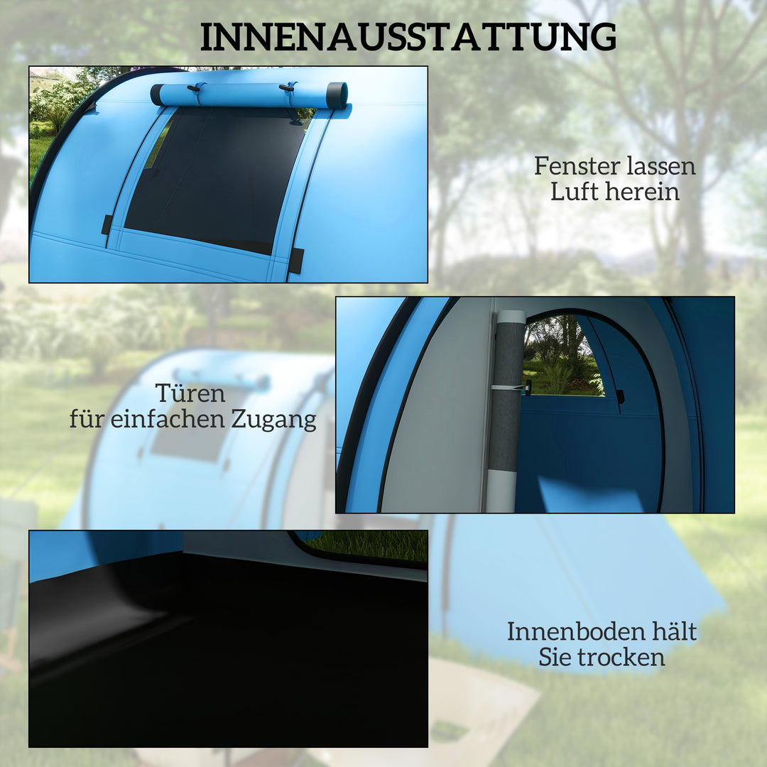 Campingtelt til 3-4 personer, stabilt, vandtæt, familietelt med soveværelse/stue, 3000 mm vandsøjle, himmelblå