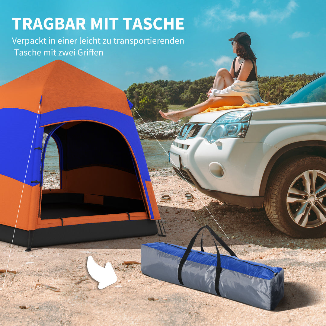 Dobbeltlags pop-up-telt med rainfly, udendørs familietelt til 4 personer, vandtæt sekskantet 4-sæsoners kuppeltelt med bund, 2 døre, myggenet, bæretaske, orange