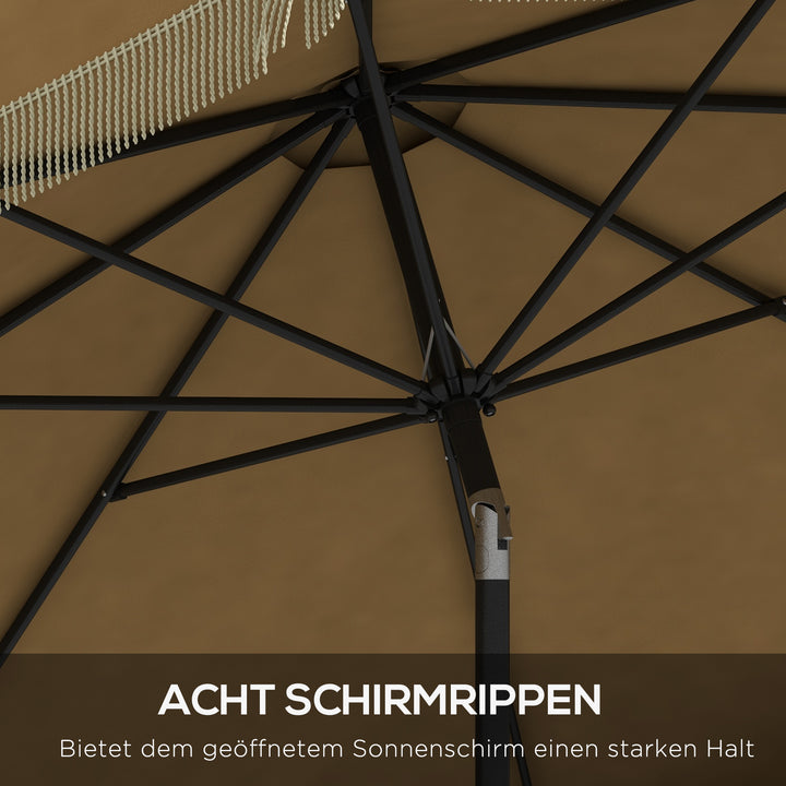 Parasol med frynset dekoration, Ø265 cm, vipbar, todelt metalstang, vindventil, khaki/sort