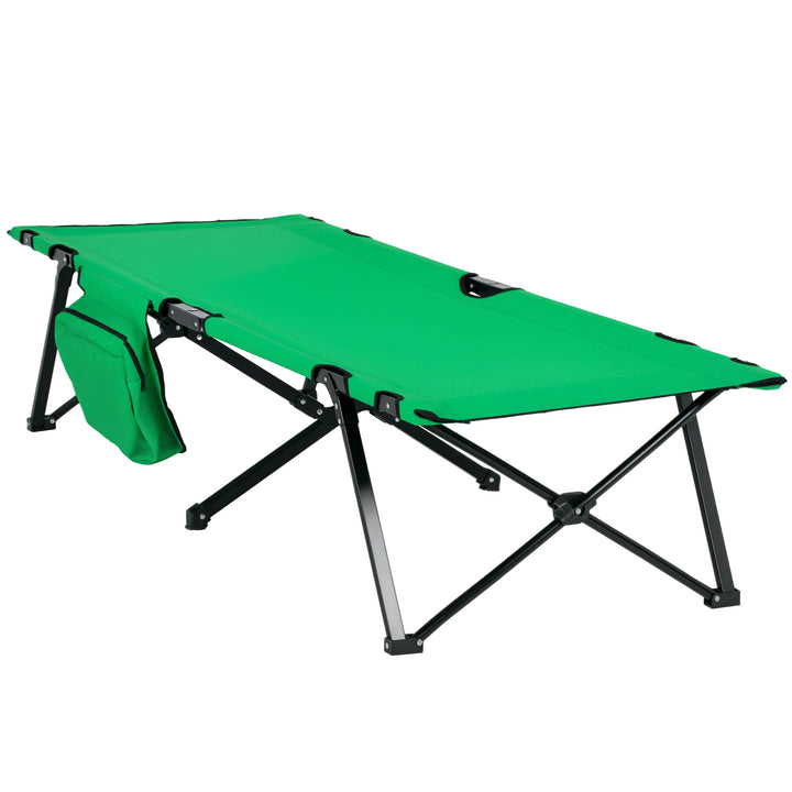 Campingseng, klapseng med sidelomme og kopholder, lasteevne op til 136 kg, stål oxford grøn + sort, 190 x 65 x 40 cm