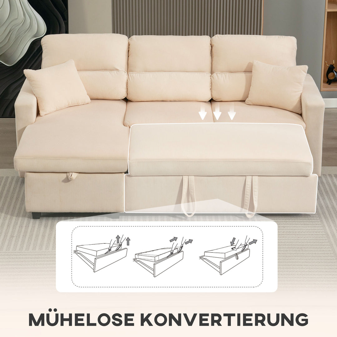 Justerbar sovesofa, L-formet gæstesofa med sengefunktion, opbevaringsplads, hynder, til stue, gæsteværelse, beige