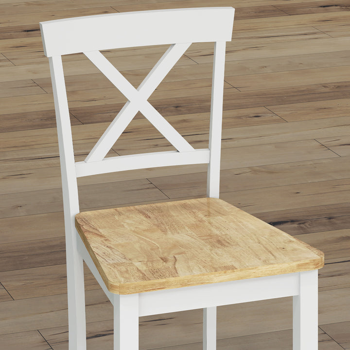 Sæt med 2 barstole med ryglæn og fodstøtte, gummitræ, til køkken, spisestue, bar, eg+hvid