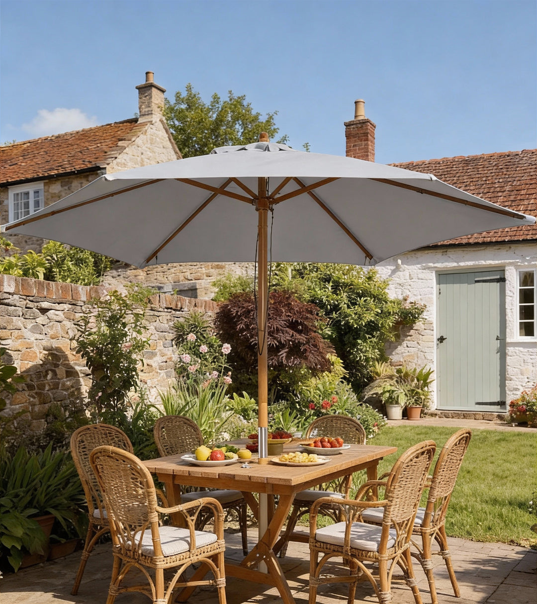 Parasol Ø 250 cm, parasol med rebtrækmekanisme, balkonparasol, strandparasol af bambus, vindtæt, markedsparasol, solskærm til balkon, terrasse, have, grå