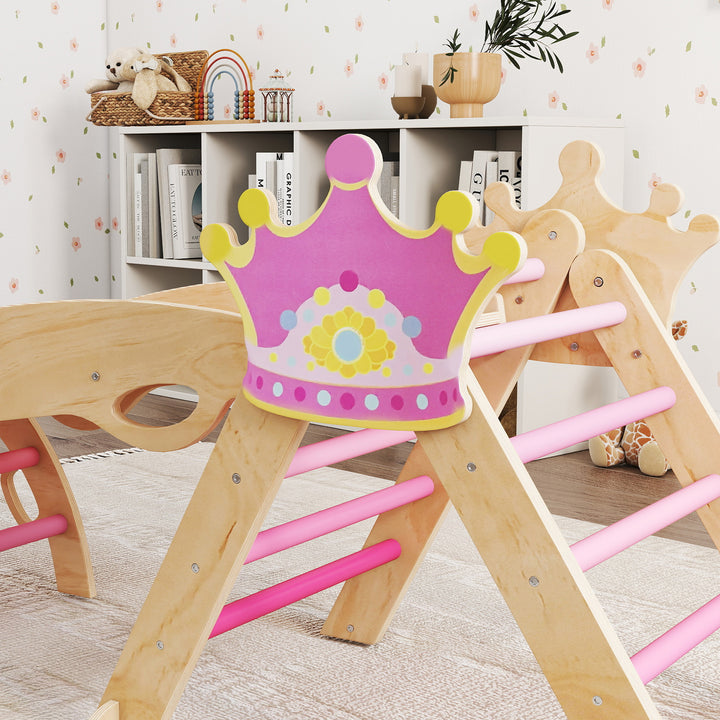 8-i-1 indendørs klatrestativ til børn, prinsessedesign, rutsjebane, rampe, bue, træ