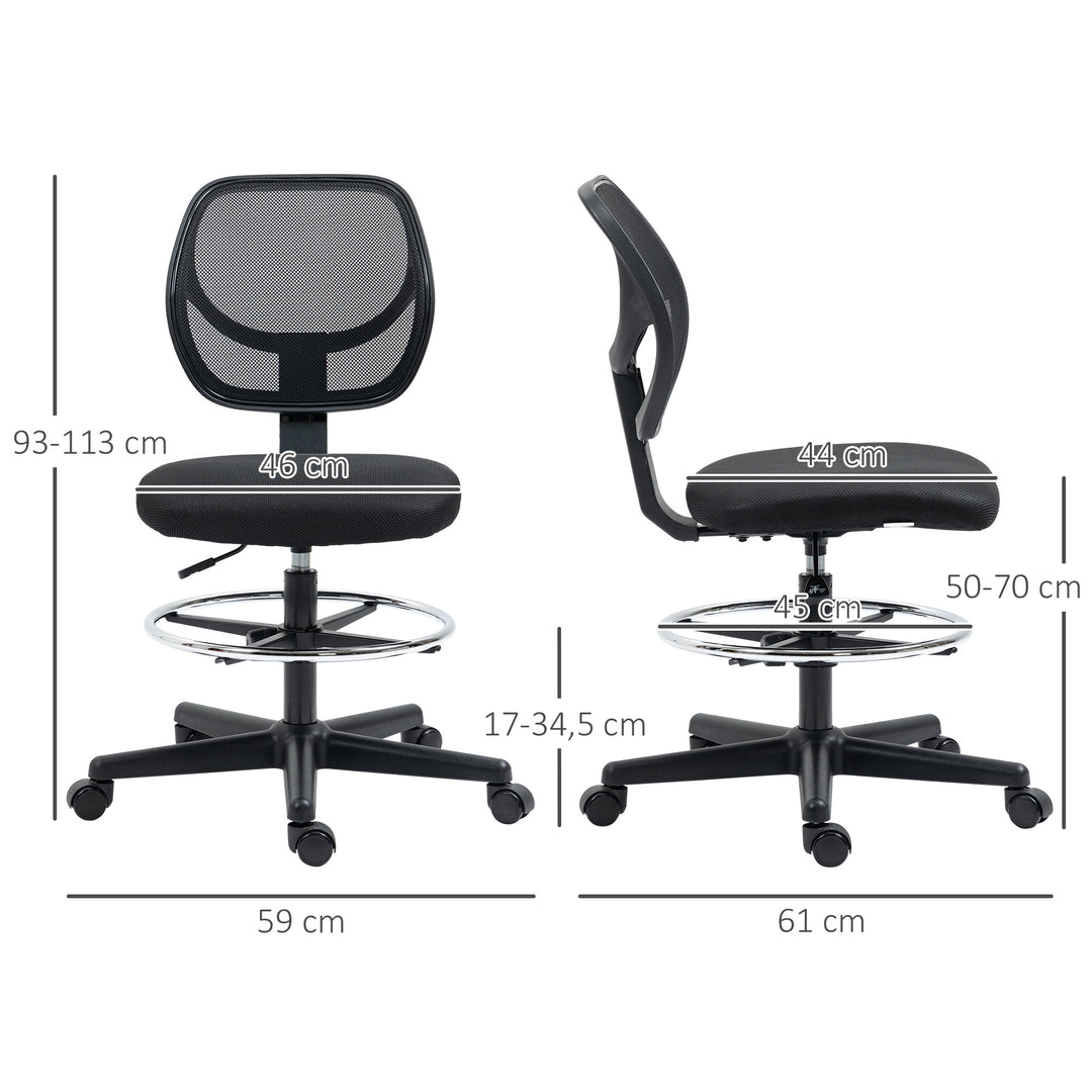 Tegnestol inklusive fodstøtte, højdejusterbar kontorstol, 59 cm x 61 cm x 113 cm, sort