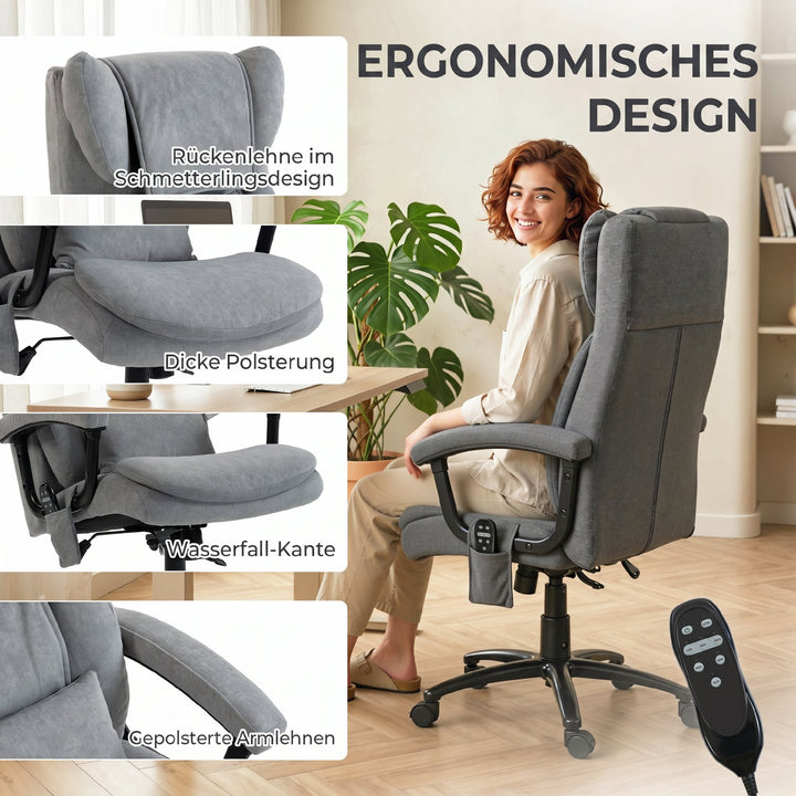 Ergonomisk massagekontorstol med 4 æltepunkter, executivestol med høj butterfly-ryglæn, bredt sæde, grå