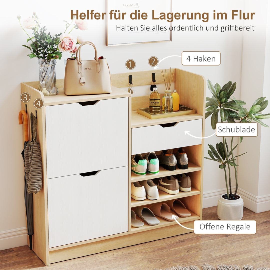 Skoreol til entré, skoskab med vippeskuffer, åbne hylder, 4 kroge, til op til 14 par sko, naturlig