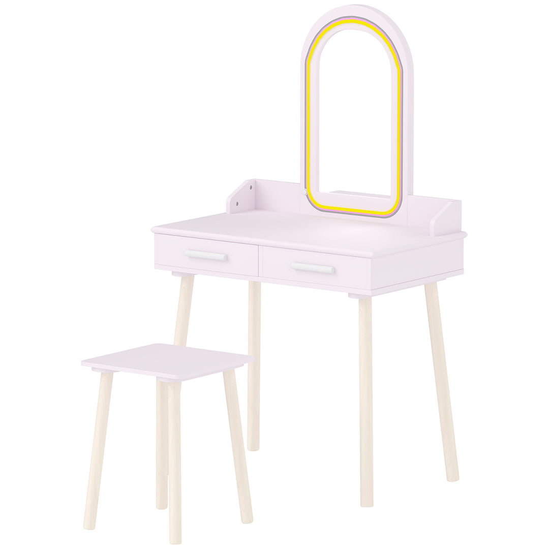 Børne 2-i-1 sminkebordssæt med LED-spejl til piger, pink