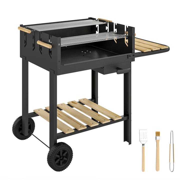 Kulgrillvogn med 4-positioners højdejusterbar grillrist, 2 træhylder, 2 hjul, askebeholder, 99,5 x 58 x 82 cm