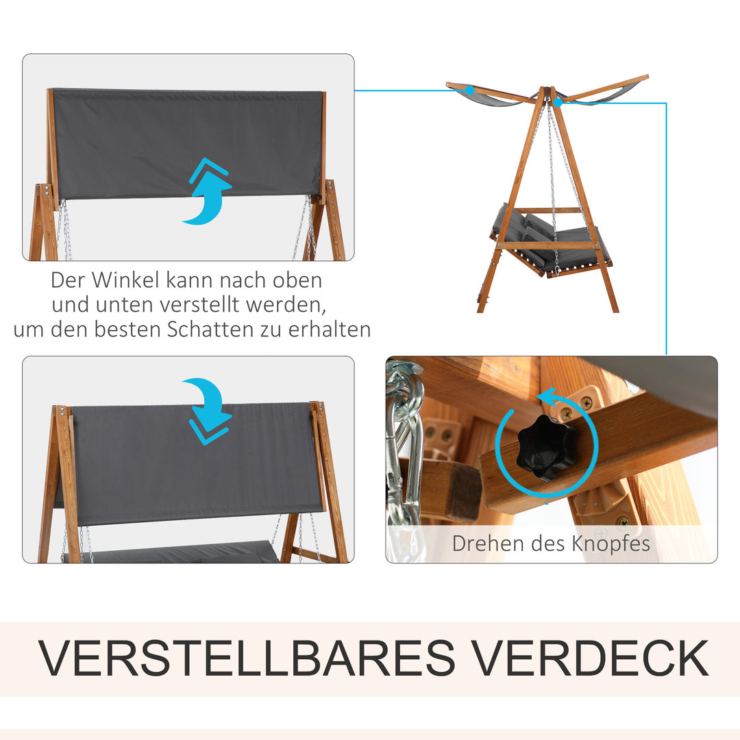 Hollywood gynge med sengefunktion, 3-personers havegynge, lærketræ med justerbar solskærm, 225,5 x 130 x 180 cm