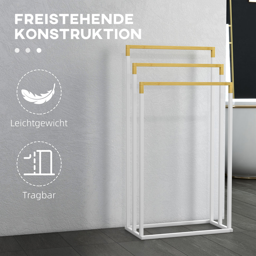 Håndklædeholdersæt med 3 håndklædestænger, industrielt design, bambus, 45 x 22,5 x 86 cm, hvid + naturfarvet