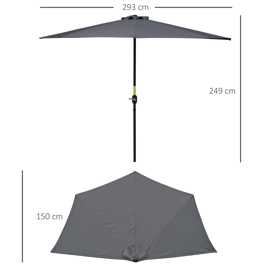 Parasol med håndsvingmekanisme, haveparasol, markedsparasol, metal, halvrund, grå og sort
