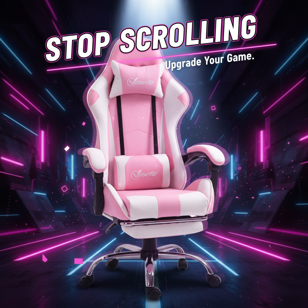 Ergonomisk Gamingstol med Fodstøtte – Pink/Hvid