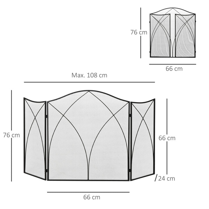 Gnistskærm til pejse, tredobbelt, metalstruktur, belagt, 108 x 2 x 76 cm, sort