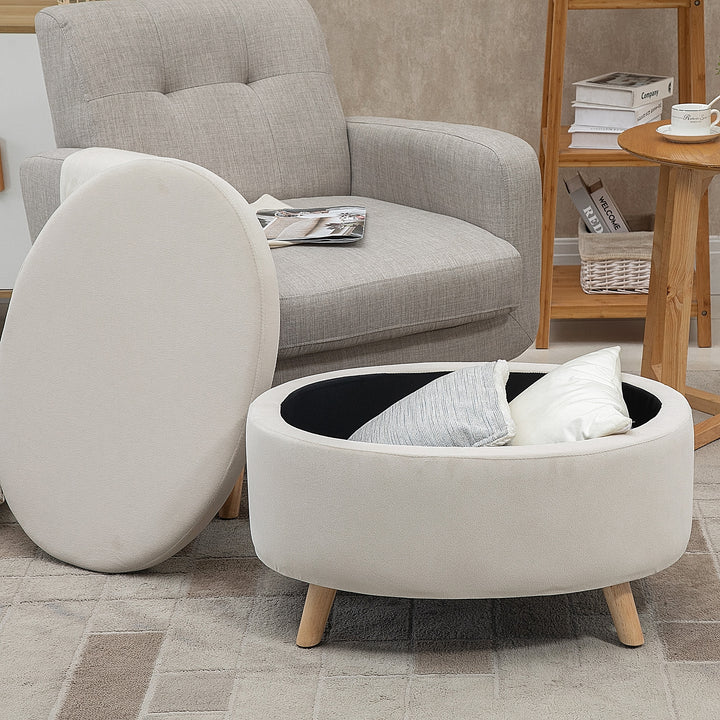 Bænk med opbevaringsplads, skammel, oval form, fløjlslook, op til 120 kg, 71 x 51,5 x 42 cm, beige