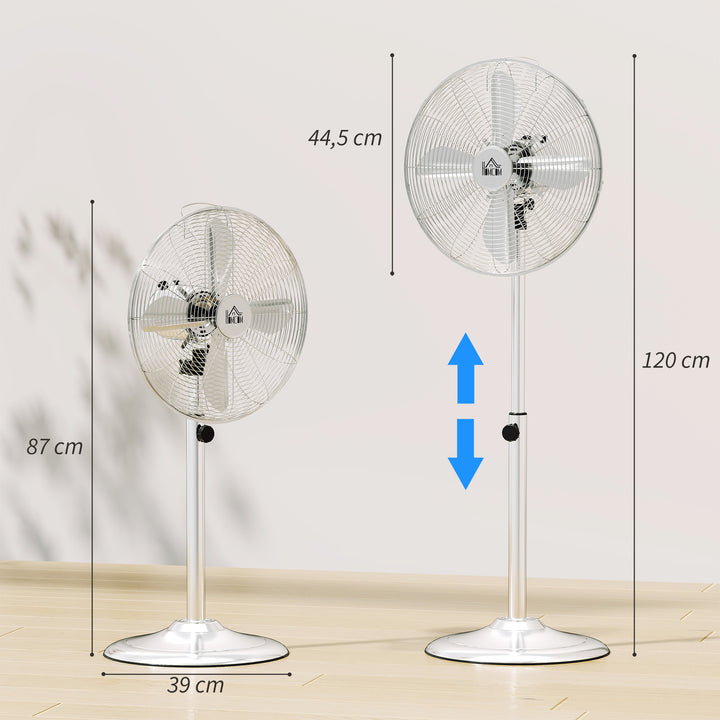 120 cm standerventilator, højdejusterbar ventilator, 3 hastighedsindstillinger, justerbar hældningsvinkel, stål, sølv
