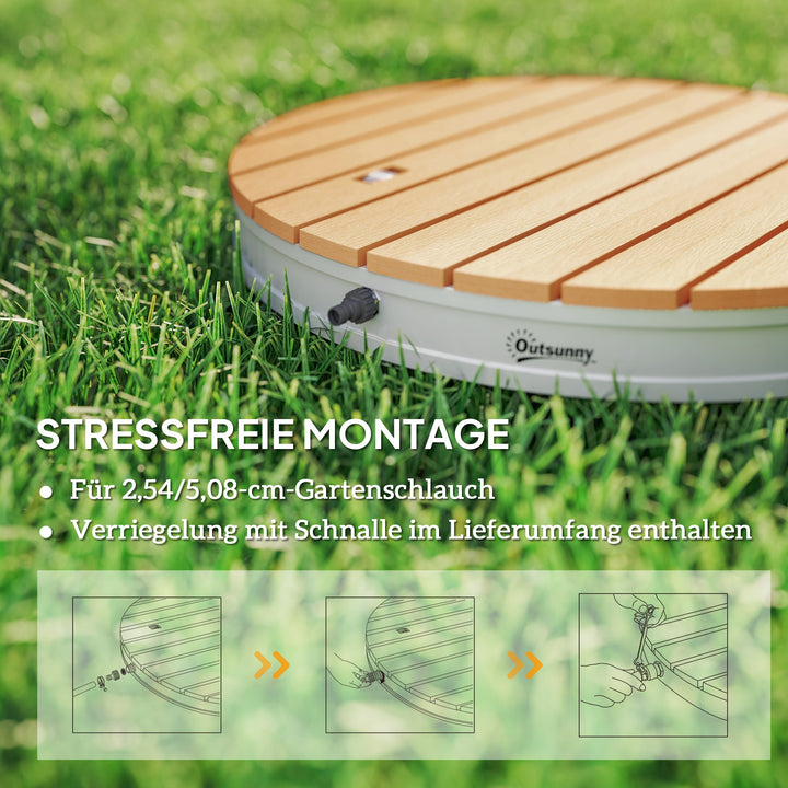 Bærbart udendørs brusesæt med justerbar fontæne, aluminiumsbase, uv- og frostbestandig, naturlig træfinish