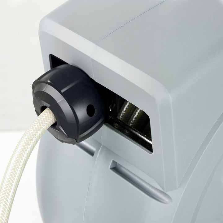 Haveslangeholder, 20+2 meter haveslange i robust hus, vægmontering, 7 sprøjtemønstre, 180° roterbar, grå