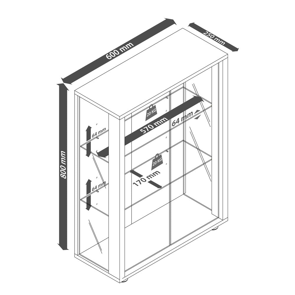 Vægvitrineskab sort – 80x60x25 cm – ESG-sikkerhedsglas med 2 hylder