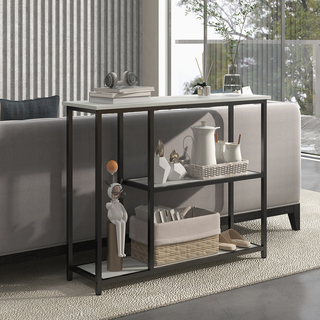 Konsolbord i industrielt design, 2 hylder, marmorlook, sort + hvid