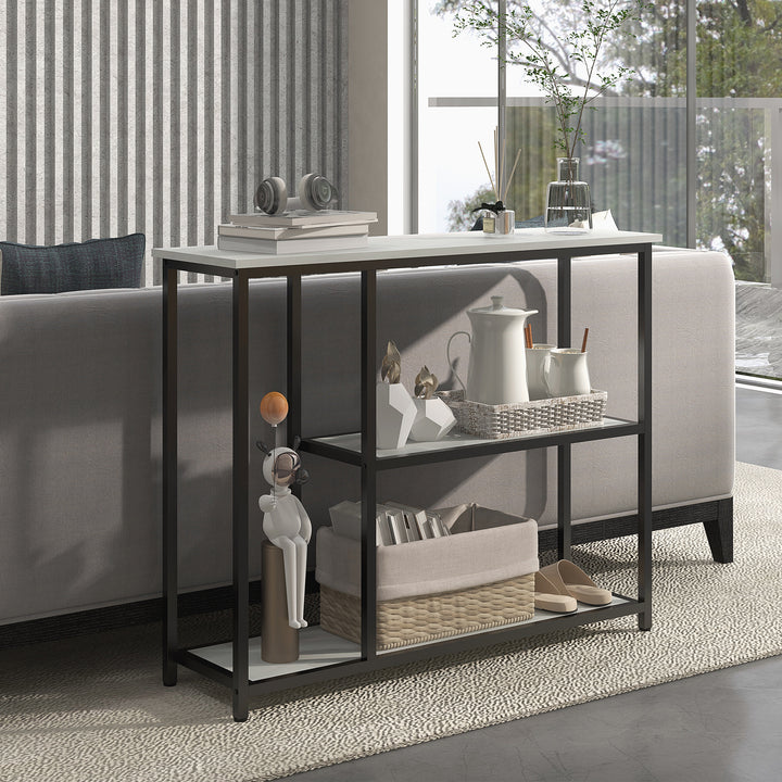 Konsolbord i industrielt design, 2 hylder, marmorlook, sort + hvid