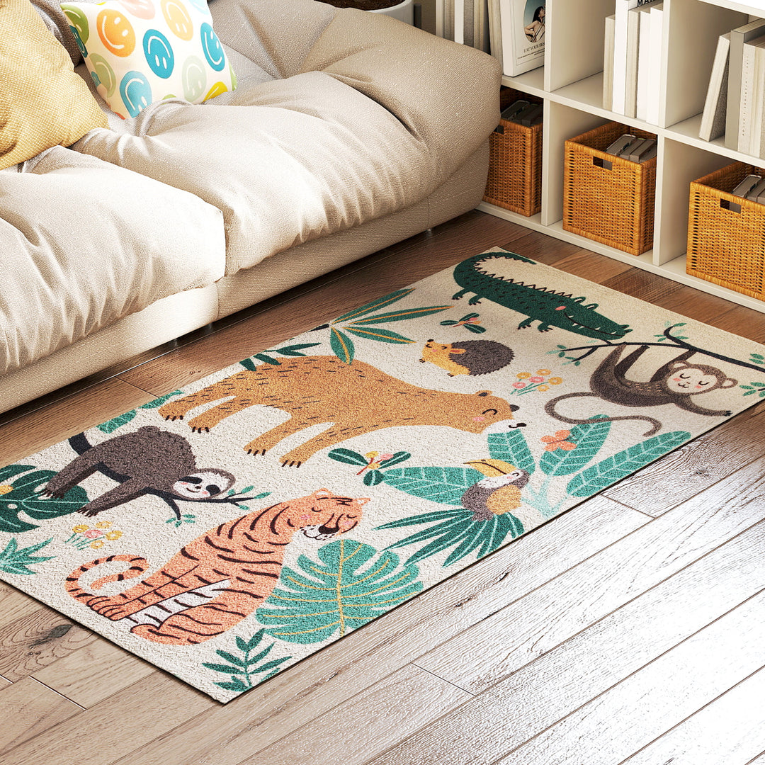 Fleece-tæppe med junglemønster, let at vedligeholde, cremehvid + flerfarvet