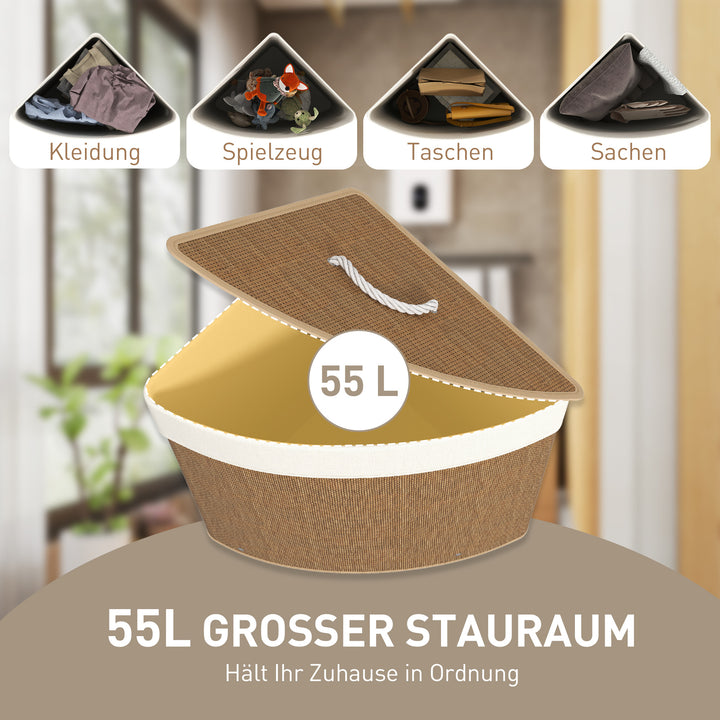 Hjørnevasketøjskurv, bambusvævet, 55 liter, stofpose, metalramme, brun