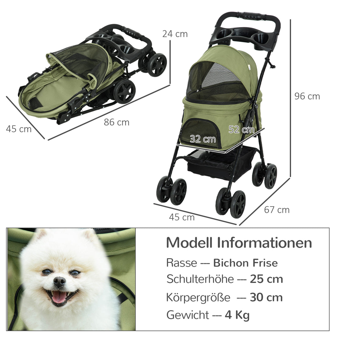 Hundeklapvogn/hundevogn, foldbar, med 2 sikkerhedssnore og 2 kopholdere, 67 x 45 x 96 cm, khaki