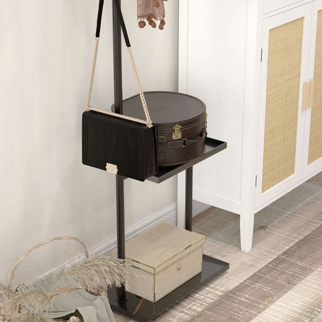 Knagerække, bøjlestang med stopper, 3 kroge, opbevaringsrum, kunststensfod, sort