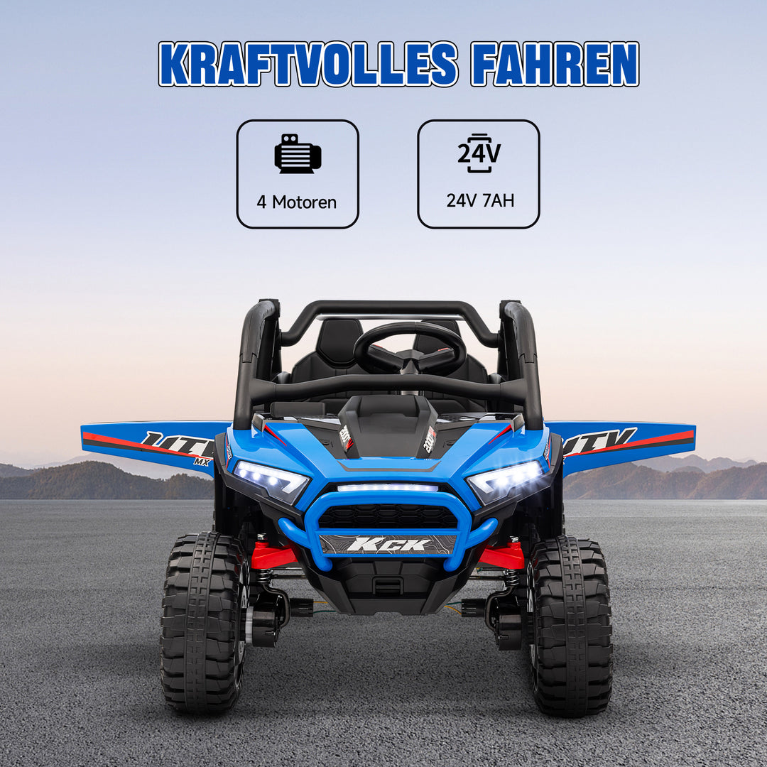 Elektrisk børne-UTV, 5-7 km/t, 2-personers, fjernbetjening, musik, lys, 1 times køretid, blå