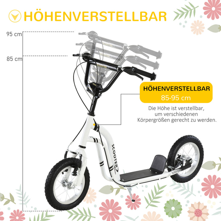 Børneløbehjul fra 5 år løbehjul børneløbehjul sparkløbehjul city scooter børneløbehjul kickboard med luftgummidæk 12 tommer gummi aluminium hvid 120 x 58 x 85-95 cm