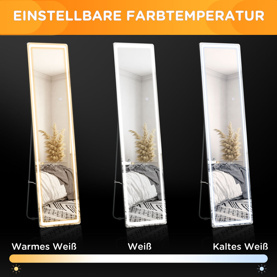 2-I-1 fritstående spejl med led-lys, aluminium, justerbart lys, 40 cm x 37 cm x 157,5 cm