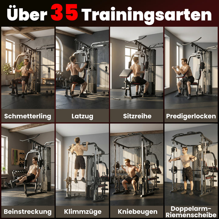 Power rack fitnessstation med 65 kg vægte, lat pulldown, butterfly bar, justerbar preacher bænk, bentræner