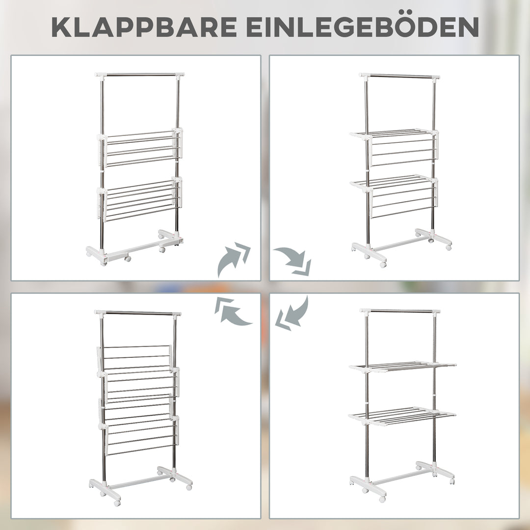 Udtrækkelig tørrestativ med 3 niveauer, foldbare vinger, hjul, indendørs og udendørs tørretumbler, hvid, 83-136,5 x 45,5 x 154 cm