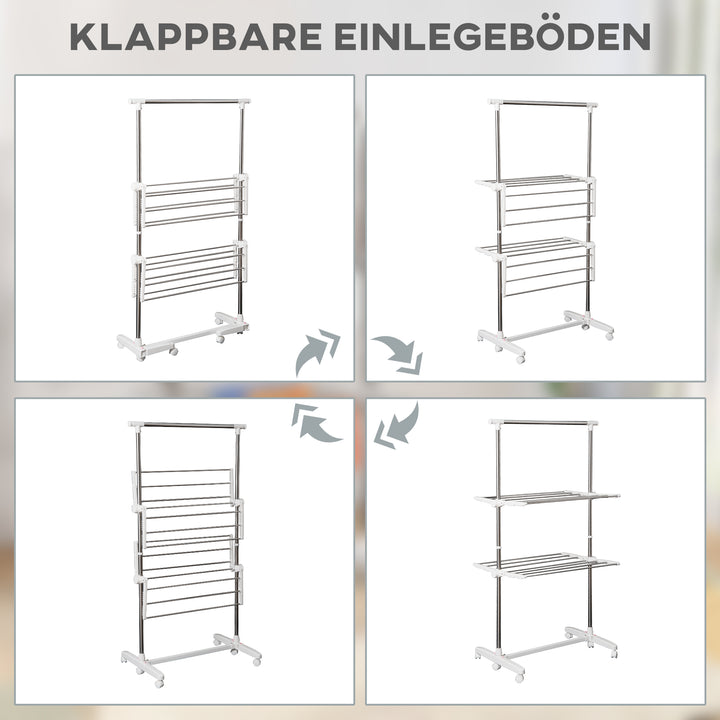 Udtrækkelig tørrestativ med 3 niveauer, foldbare vinger, hjul, indendørs og udendørs tørretumbler, hvid, 83-136,5 x 45,5 x 154 cm