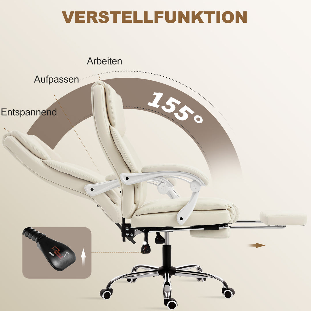 Kontorstol med lænefunktion, skrivebordsstol, højdejusterbar drejestol med fodstøtte, 64 x 73 x 120 cm, beige