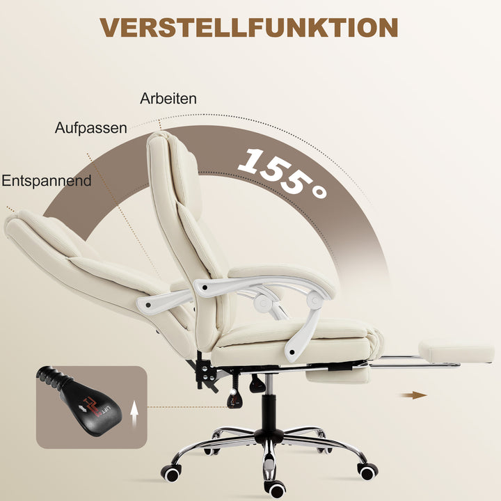 Kontorstol med lænefunktion, skrivebordsstol, højdejusterbar drejestol med fodstøtte, 64 x 73 x 120 cm, beige