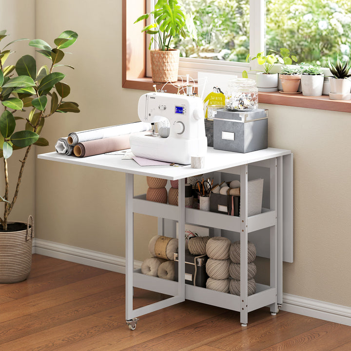 Foldbart spisebord i industrielt design, til op til 4 personer, åbne hylder, fleksibelt, metal, spånplade, hvid