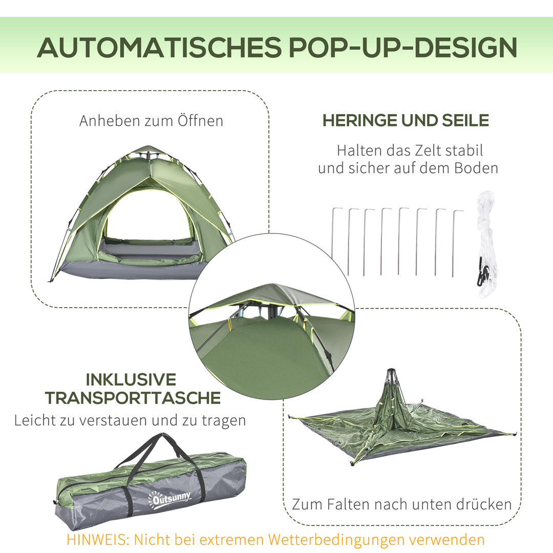 Dobbelttelt, campingtelt, udendørstelt, familietelt, hurtigopsætningstelt, 2 voksne + 1 barn, 4 sæsoner, vandtæt, bæretaske, 2 døre, polyester + glasfiber, mørkegrøn, 210 x 210 x 140 cm