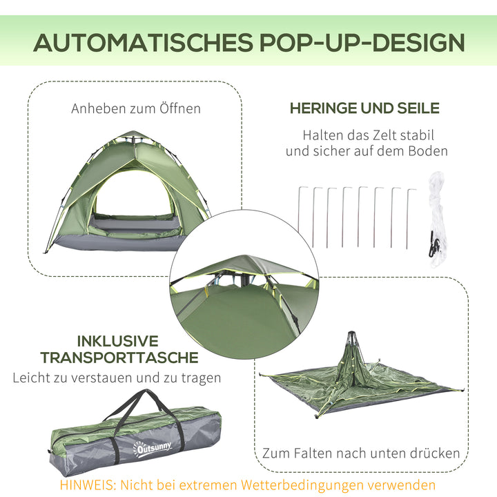 Dobbelttelt, campingtelt, udendørstelt, familietelt, hurtigopsætningstelt, 2 voksne + 1 barn, 4 sæsoner, vandtæt, bæretaske, 2 døre, polyester + glasfiber, mørkegrøn, 210 x 210 x 140 cm