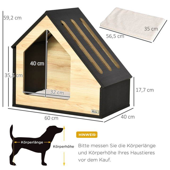 Hundehus, indendørs hundehule med hynde, hundehus, hundehule med skrånende tag, kattehus til små hunde op til 8 kg, 60 x 40 x 59,2 cm, brun