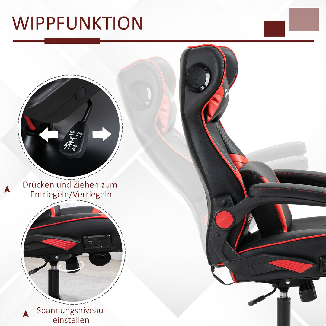 Gamingstol, gamingstol, integrerede højttalere, lænestol, sort+rød, 69 x 73 x 118 cm