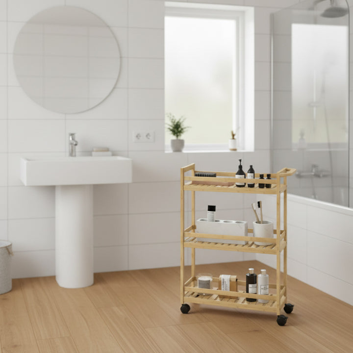 Serveringsvogn, 3 niveauer, lamelhylder, faldsikring, bambus, 55 x 20 x 75 cm