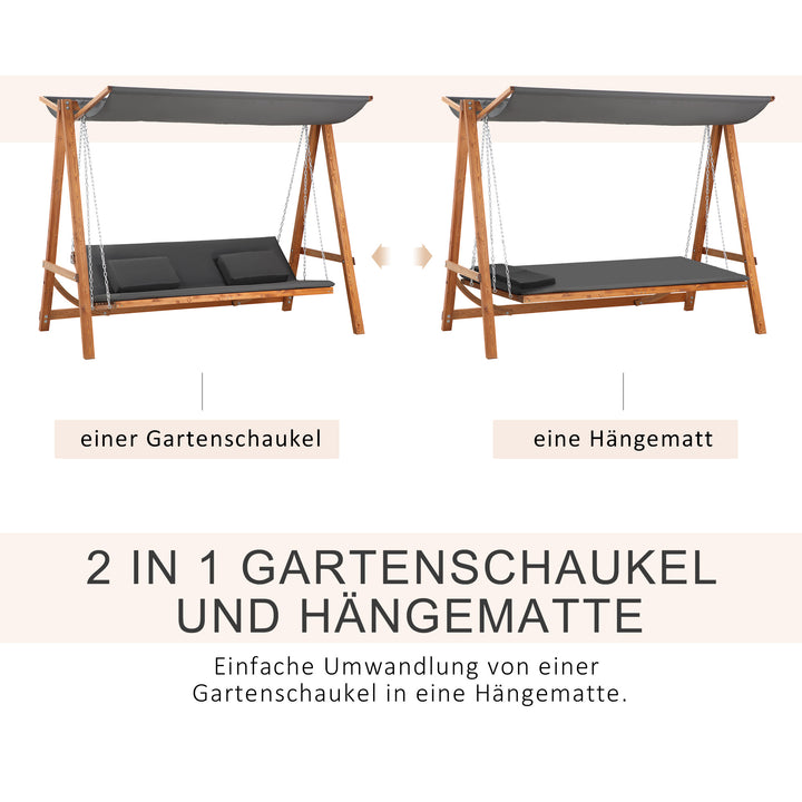 Hollywood gynge med sengefunktion, 3-personers havegynge, lærketræ med justerbar solskærm, 225,5 x 130 x 180 cm