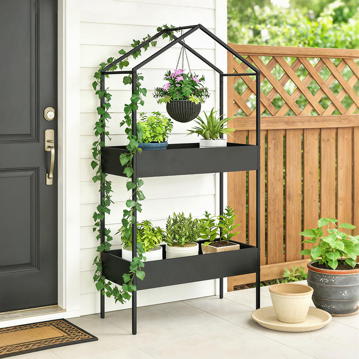 2-etagers husformet plantestativ, 150 cm højt, blomsterstativ med kroge, metal, sort