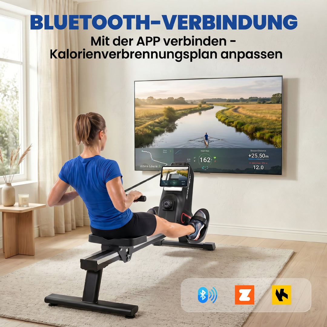 Romaskine til hjemmet, stille magnetisk romaskine med 16 modstandsniveauer, eksklusiv app, LCD-display og telefonholder