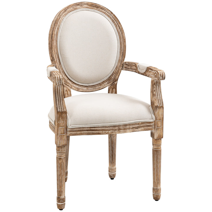 Køkkenstol med armlæn polstret spisestol retro design i hørlook til stue gummitræ cremehvid + lys træfarve 56 x 56 x 96 cm