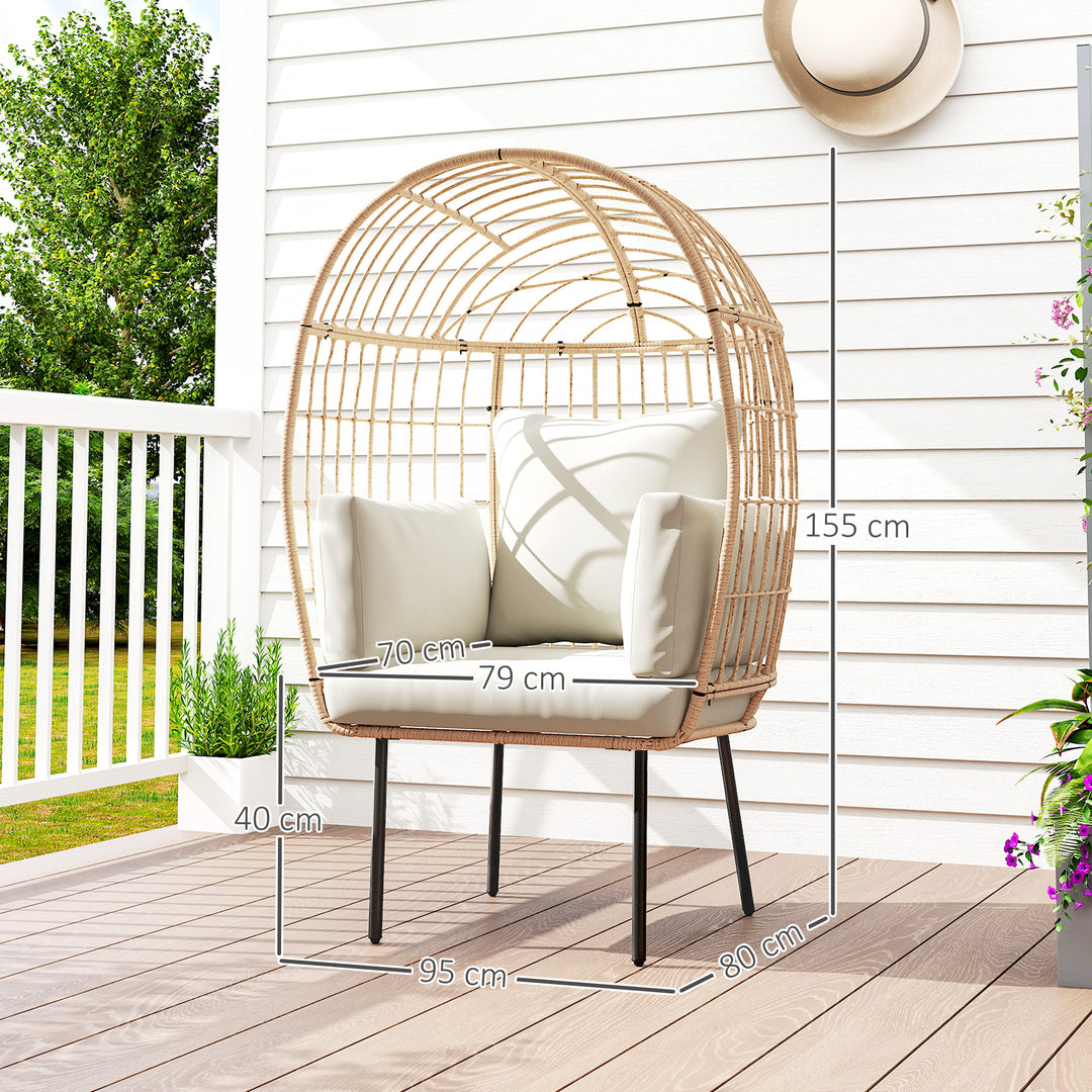 Ægformet rattanstol med aftagelig hynde, polstret udendørsstol lavet af rattan 95 x 80 x 155 cm beige