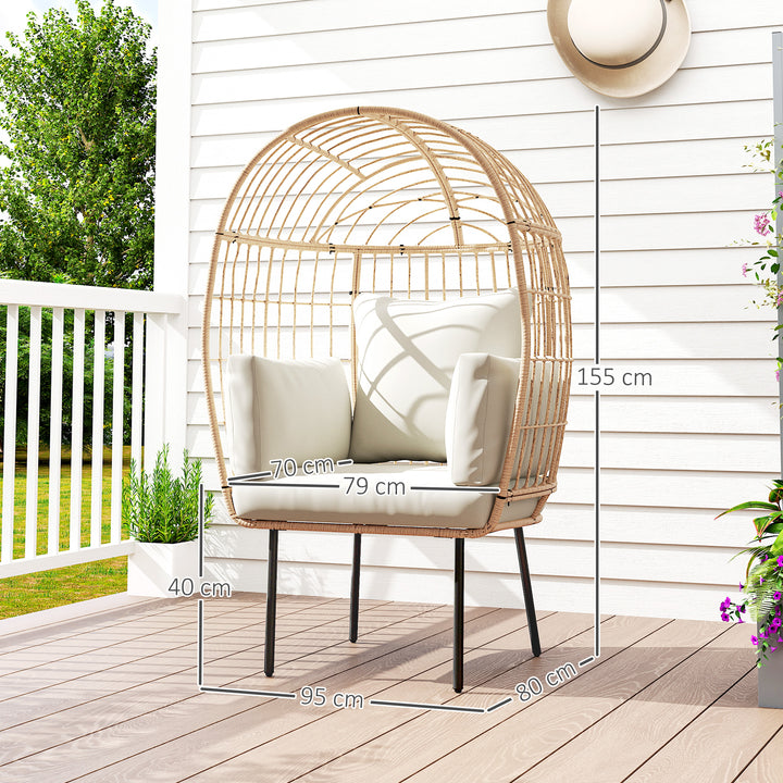 Ægformet rattanstol med aftagelig hynde, polstret udendørsstol lavet af rattan 95 x 80 x 155 cm beige
