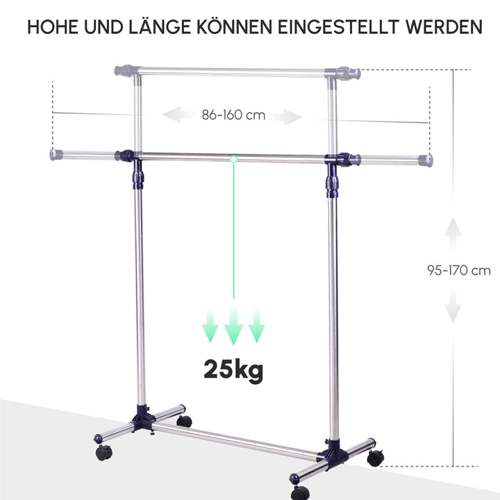 Knagerække, tøjstativ med hjul, højdejusterbar og udtrækkelig tøjstang, tørrestativ til tøj, fritstående garderobe til entré, rustfrit stål, 86 x 45 x 95 cm